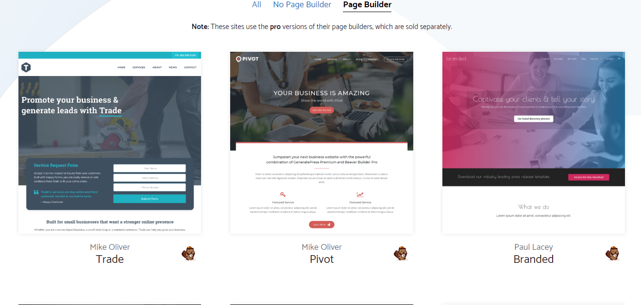 generatepress theme with a page builder